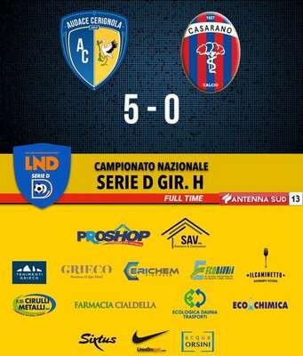 L'Audace Cerignola travolge il Casarano 5-0 con una tripletta di Malcore