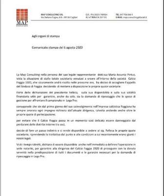 Calcio Foggia 1920: Maria Assunta Pintus, legale rappresentante della Map Consulting manifesta disponibilità  a farsi da parte