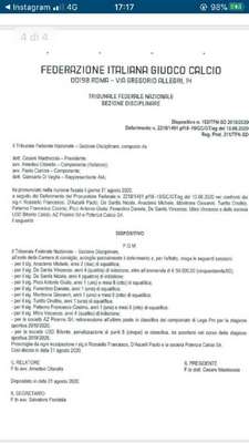 Calcio Foggia 1920: sentenza di primo grado, Picerno retrocesso all'ultimo posto in Serie C 2019-20; Bitonto penalizzato di cinque punti in Serie D per la stagione 2019-20
